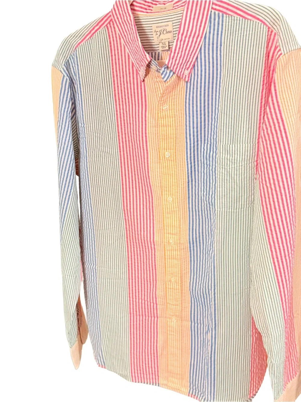 J Crew Slim Organic Cotton Seersucker Shirt in Awning Stripes Sz  XL NWOT